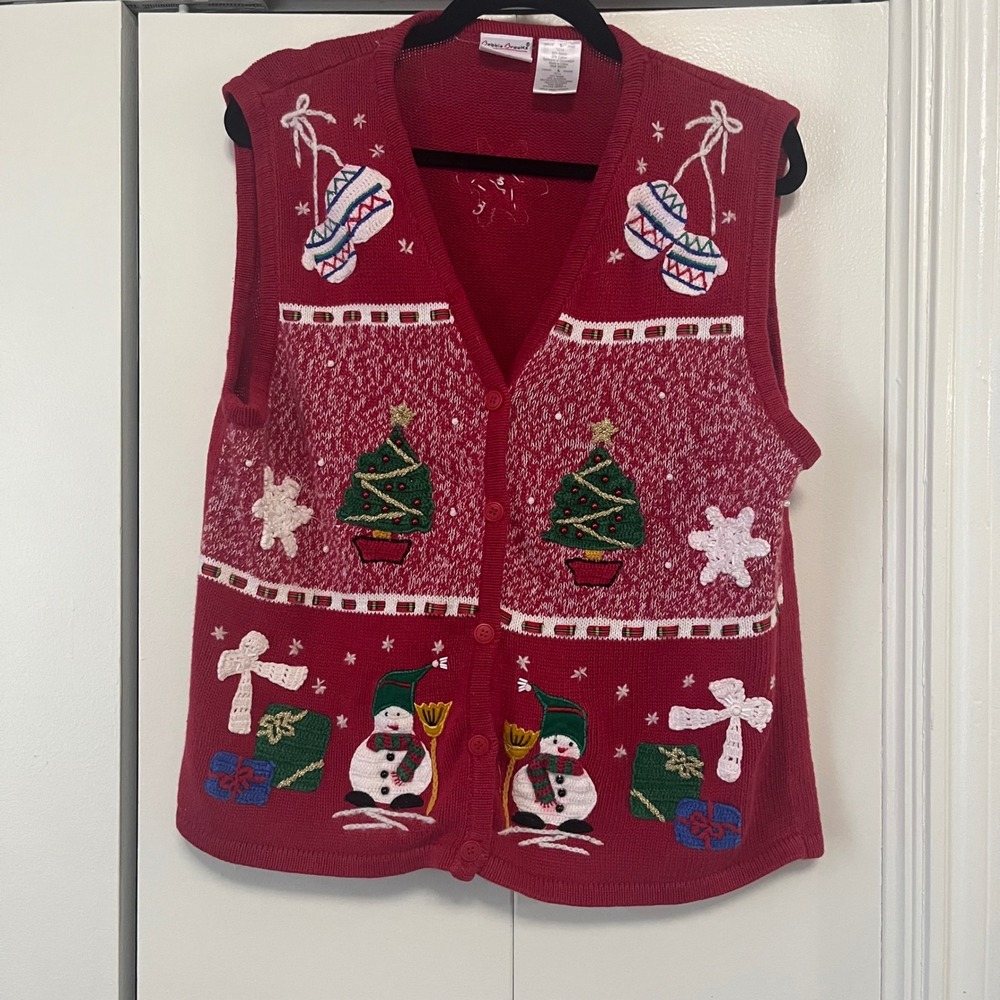 Bobbie Brooks Ugly Christmas Vest Sweater Holiday Snowman Tree L‎ 12/14